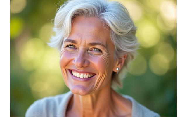 Smiling woman in her late 30s looking vibrant and healthy, symbolizing client satisfaction with Veridian Bloom's services.
