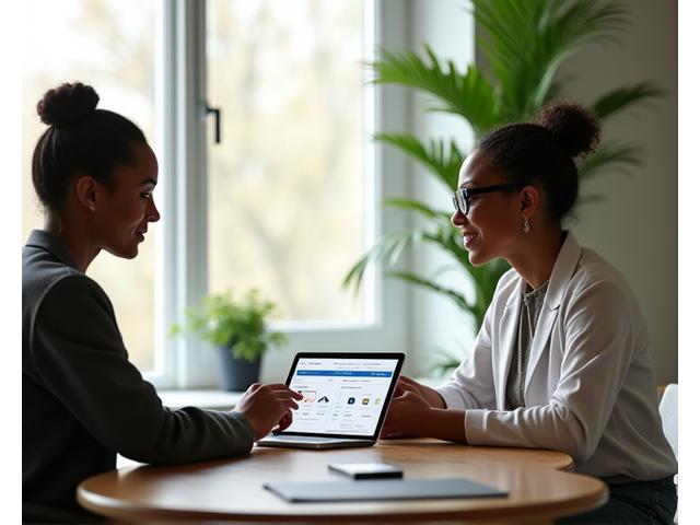 A diverse male and female health professional, both in their 40s, engaging in a focused one-on-one consultation with a client, pointing to a tablet with genetic data. The environment is warm, professional, and inviting.