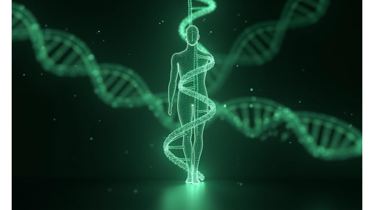 Abstract visualization of DNA strands and health data points forming a human silhouette, with a glow representing optimal health.