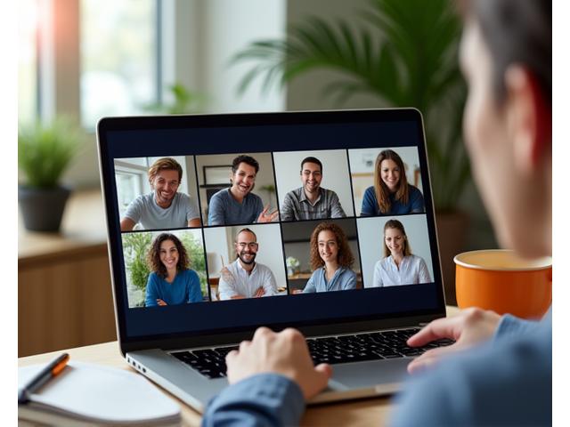 Diverse group of adults actively engaged in an online workshop, visible on a laptop screen, with participants smiling and interacting.