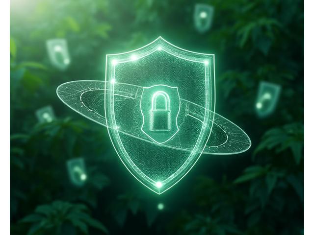 Visually represents robust digital security with layered shields and virtual locks, set against a verdant, natural backdrop.